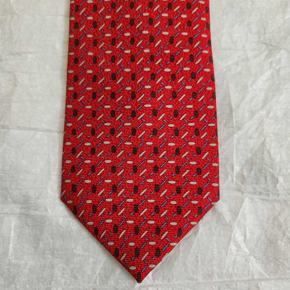 BVLGARI Tie Red Geometric Pattern 100% Silk Made In Italy Luxury Mens 3.75" Wide
